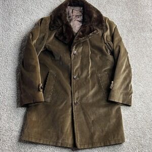 Vintage Towncraft Coat Mens 38 Brown Corduroy Overcoat Fur Collar King Cord